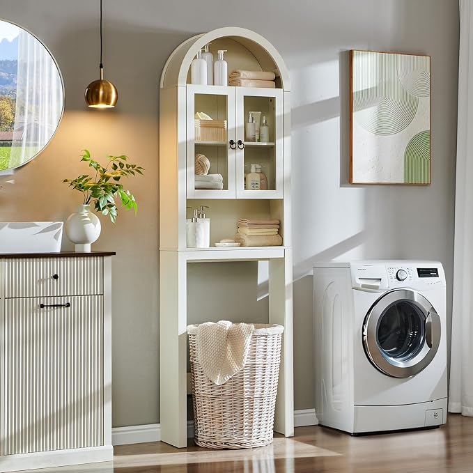 IFGET Arched Over The Toilet Storage Cabinet with Acrylic Doors, Modern Over Toilet Bathroom Organizer Shelf, Small Wooden Bathroom Storage Cabinet with Adjustable Shelf, Space Saver, Antique White