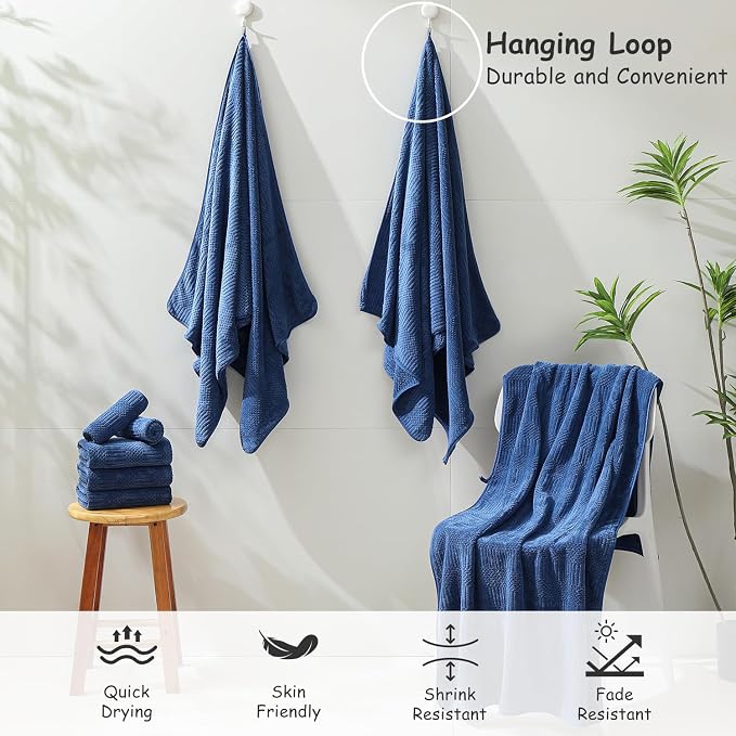 18 Pcs Navy Woven Family Towels Set-6 Bath Sheets,6 Hand Towels,6 Washcloths Soft Microfiber Towels Absorbent Shower Towel Quick Dry Beach Chair Towel Lint Less Towels Set for Bathroom Spa Gym Hotel