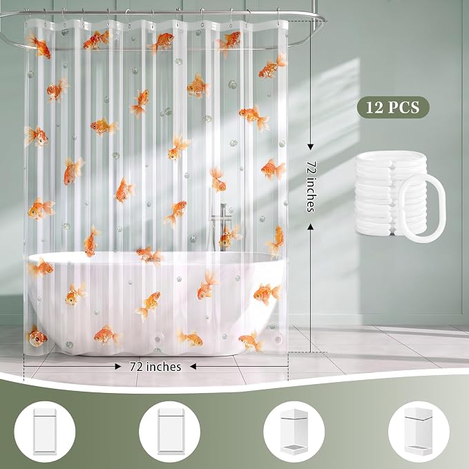 Clear Shower Curtain Liner, Goldfish Koi Fish PEVA, 72x72 Inch | Ocean Nature Waterproof Bath Plastic Shower Curtains Set with 3 Weighted Magnets and 12 Hooks for Bathroom Decor