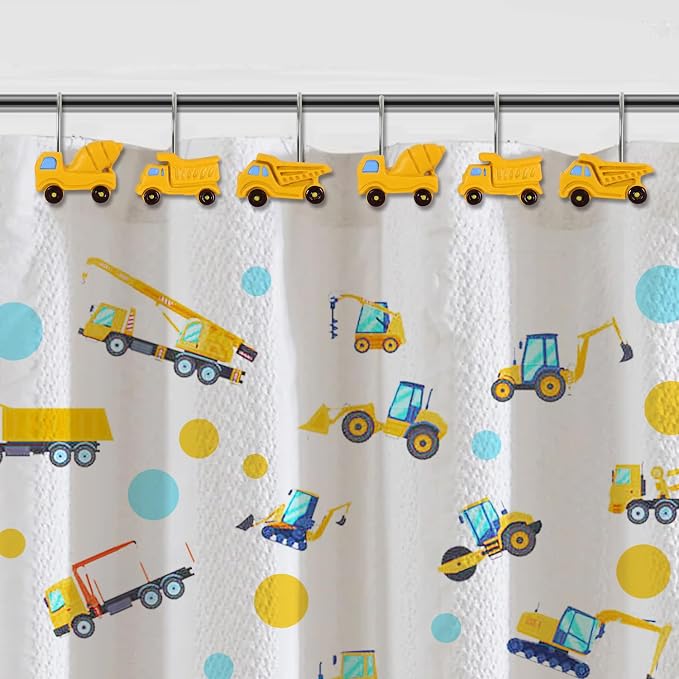 12-Piece Truck Construction Tractor Shower Curtain Hooks for Bathroom | Decorative Shower Curtain Hooks, Stainless Steel Shower Hangers Rings