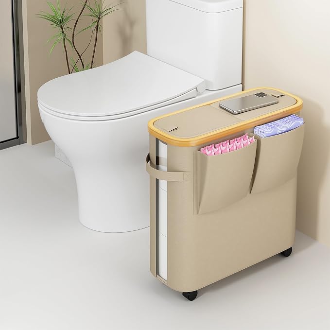 Toilet Paper Storage Basket with Lid, Bathroom Toilet Paper Holder, Khaki | Bathroom Toilet Paper Organizer for 9-12 Rolls Large Capacity, Foldable Fabric Bamboo Toilet Paper Container with Pockets