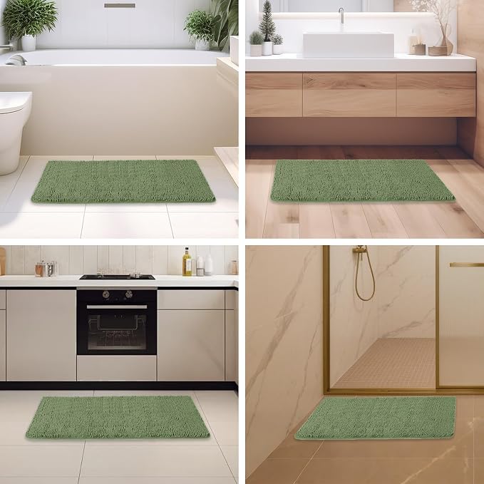 Loden Green Bathroom Rugs – Absorbent and Washable Bath Mat, Non-Slip, Thick Soft Chenille Bath Rugs for Bathroom Floor, Shower, Sink - 24" x 36"