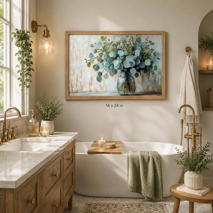 Wood Framed Rustic Eucalyptus Wall Art Sage Green in Glass Plants Vase Canvas Painting Picture Wall Decor Farmhouse Neutral Poster Print Artwork for Living Room, Bedroom, Bathroom Home Decoration