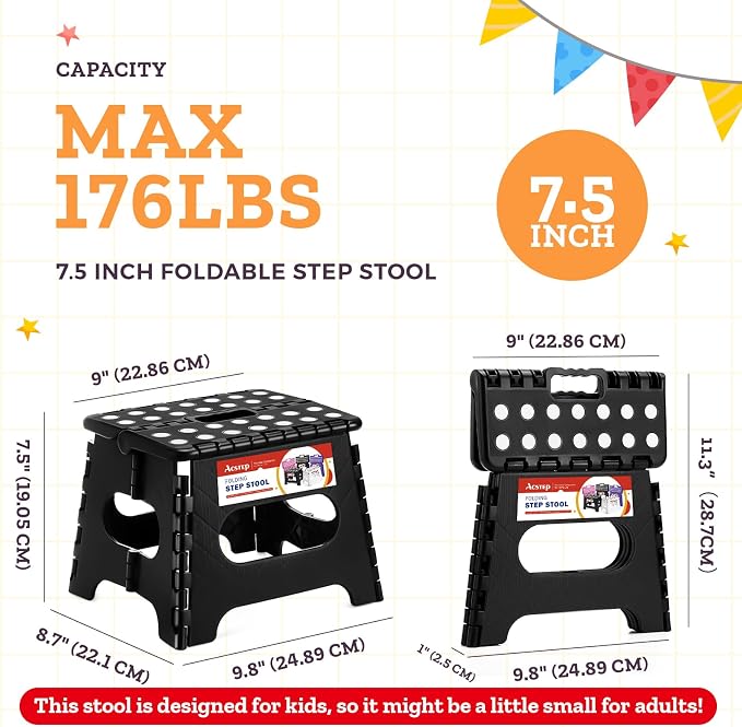 Collapsible Step Stool 7.5 Inch, Small Folding Stool, 176 lbs, Black | Lightweight Foldable Step Stool for Kids and Adults with Handle, for Kitchen, Bathroom, Car, and Compact Home Storage
