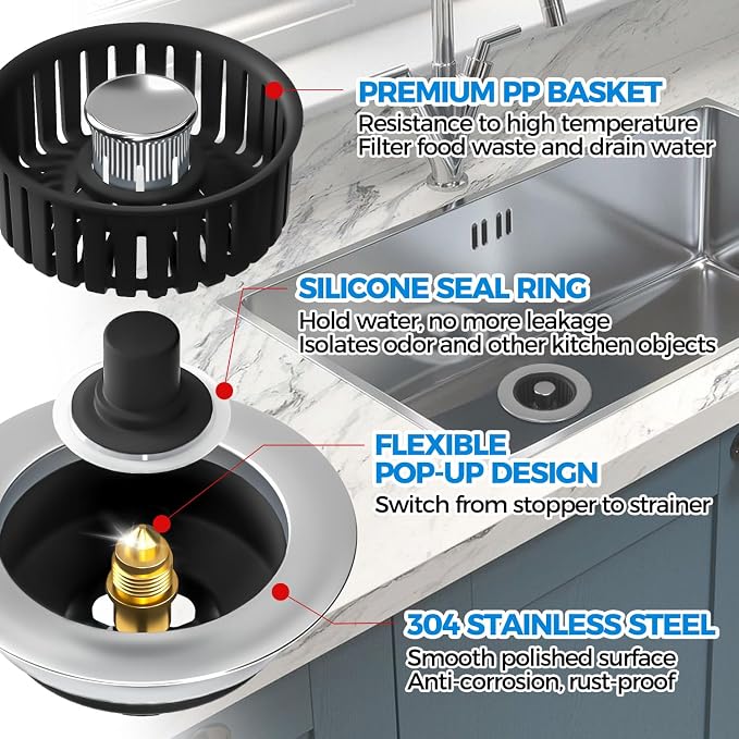 3 in 1 Kitchen Sink Drain Strainer Stopper Removable Basket Pop-Up | Kitchen Sink Accessories 2 Pack Black Stainless - Food Catcher, Odor-Blocking Seal, Fits 3.5" Drain, Easy Clean