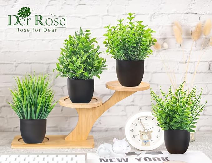 Der Rose 4 Pack Small Fake Plants in Black Pots, Bathroom Office Decor | No-watering artificial plants, gothic black pot style, for shelf desk office kitchen table and Halloween fall home decor