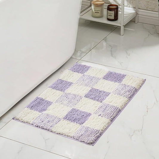CozeCube Lavender Checkered Bath Mat 32"x20" Non Slip Washable Rug | For Bathroom Non Slip, Fluffy Absorbent Microfiber Bath Mats Machine Wash, Stylish Cute Aesthetic Bathroom Rugs