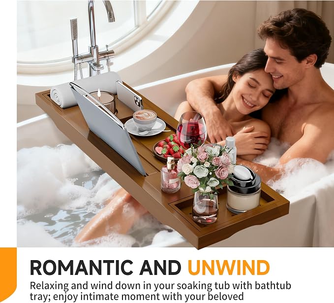 Foldable Bathtub Tray Caddy with Soap Dish Adjustable29.5-43''Walnut | Bamboo Bath Table Trays with Non-slip Pads, Wine Glass Holder, Adjustable Tablet Book Stand, Spa Bath Essentials Organizer