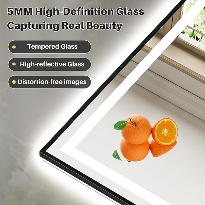 55x36 Inch LED Bathroom Mirror with Black Frame, Backlit & Front Lit | Anti-fog, 3 Color Dimmable, Memory Function, HD Reflection Tempered Glass, ETL Listed, IP54 Waterproof