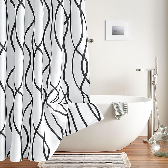 Biscaynebay Extra Long Textured Fabric Shower Curtain 72 W x 84 L, Black Printed Striped Linen Modern Hotel Luxury Quality Cloth Bathroom Curtains Machine Washable (Pack of 2)