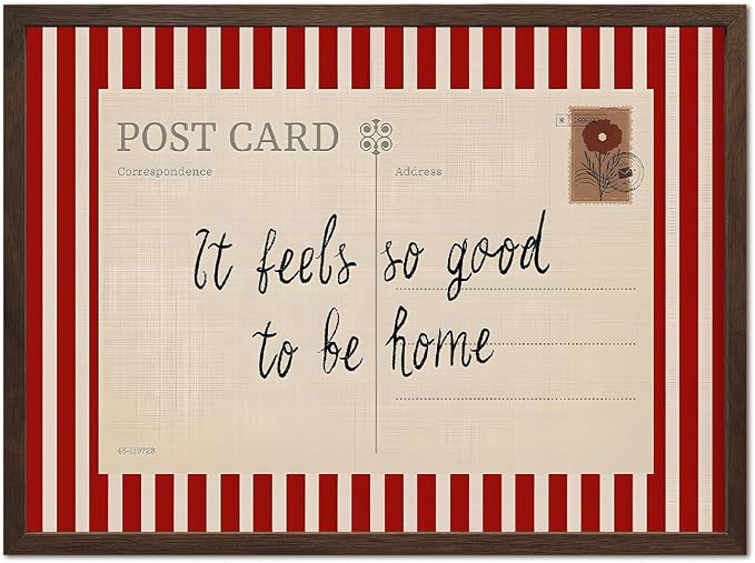 Vintage It Feels so Good to be Home Wall Art Mid Century Positive Quote Postcard Decor Picture, Trendy It's so Good to be Home Striped Poster Canvas Print 16x24 inch Walnut Wood Framed