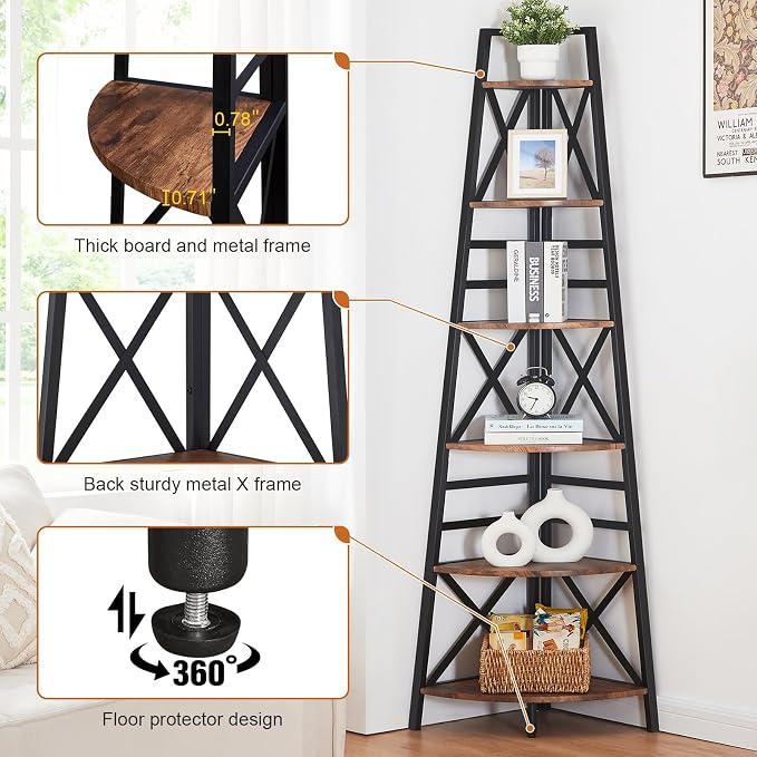 5 Tier Corner Shelf,72 Inch Tall Corner Bookshelf,Rustic Brown | Sturdy Corner shelf Standing,Industrial design,Easy assembly,Suitable for living room,Office,Corner Space