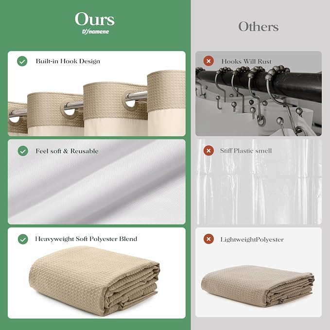 Beige Hook Free Waffle Shower Curtain & Snap-in Fabric Liner,54x81 | Less Time to install, 3 in 1 Fabric Shower Curtain and Liner Set with Magnets, Stall, Long, Shower Curtains for Bathroom