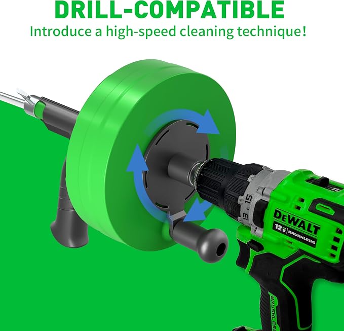 BACOENG 33Ft Drain Auger, Heavy Duty Plumbing Snake with Drill Adapter, Use Manually or Powered for Drain Clog, Shower Sink, Comes with Gloves and Bag (Green)