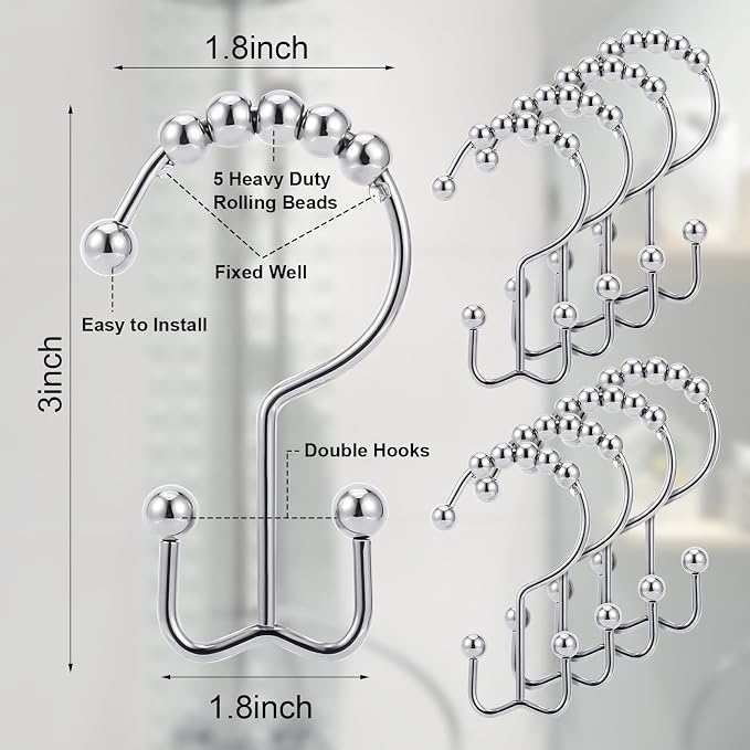 Shower Curtain Rings,Shower Curtain Hooks,Rust Proof Secure Lock Ring Clips for Hanging Bathroom Curtain (Silver E-Hooks)
