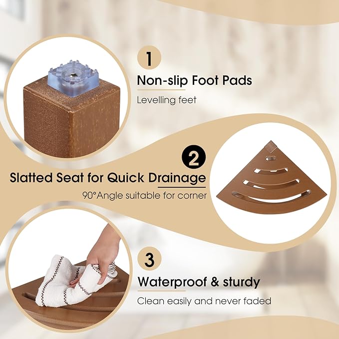 Apolimi HDPE Corner Shower Stool,Shower Bench Seat with Storage Shelf for Shaving Legs Plastic Spa Bath Step Foot Rest for Bathroom Small Place (Teak)