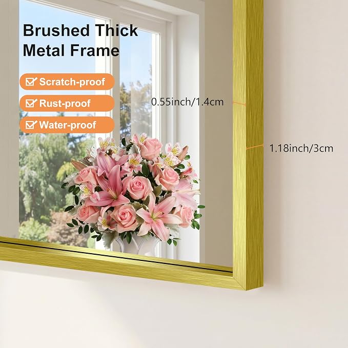 COFENY Bathroom Mirror, 24x24 Brushed Gold Square Mirrors, Thickened Deep Metal Frame Small Bathroom Vanity Mirrors for Over Sink, Bedroom, Entryway, HD Tempered Glass, Horizontally or Vertically