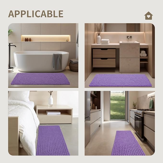 Bathroom Rugs Non Slip Washable 60x24, Extra Thick Soft Chenille Absorbent Bath Mat, High Density Barrier Non Slip Backing, Quick Dry Plush Shaggy Floor Carpet for Tub&Shower, Purple