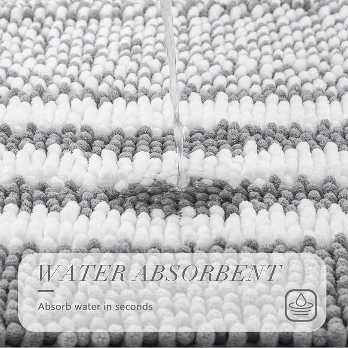 Light Grey Bathroom Rugs Set 2 Piece, Extra Soft Absorbent Fluffy Striped Chenille Bathroom Floor Mat, Non Slip Quick Dry Washable Bath Rugs for Shower, 20" x 47" Plus 20" x 32"