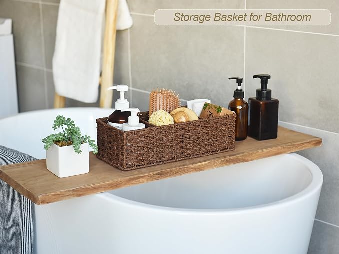 StorageWorks Toilet Paper Basket, Paper Rope Back of Toilet Basket, Walnut | Wicker Basket, Toilet Paper Storage for Back of Toilet Tank, Woven Baskets for Shelves, Wicker Baskets with 3 Compartments