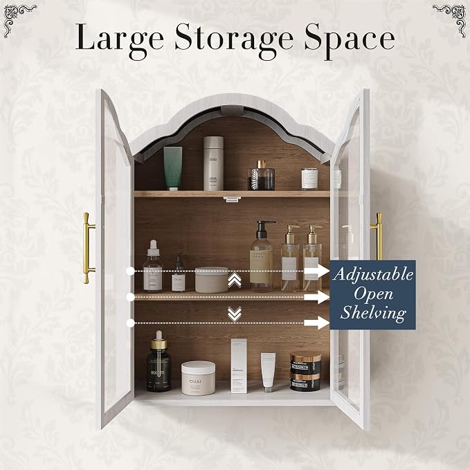 FIMELLO 23.6’’W Wave Design Arched Wall Cabinet, Bathroom Cabinet with Glass Doors Adjustable Shelf, Above Toilet Cabinet, Kitchen Wall Cabinet, Wall Bookshelf, Black Grain