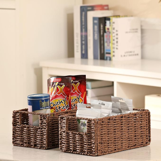 Wicker Storage Basket, Set of 2 Hand-Woven Paper Rope Wicker Basket, Small Storage Baskets for Organizing Toilet Paper, Foldable Large Cube Storage Organizer Bins for Shelves (Brown)