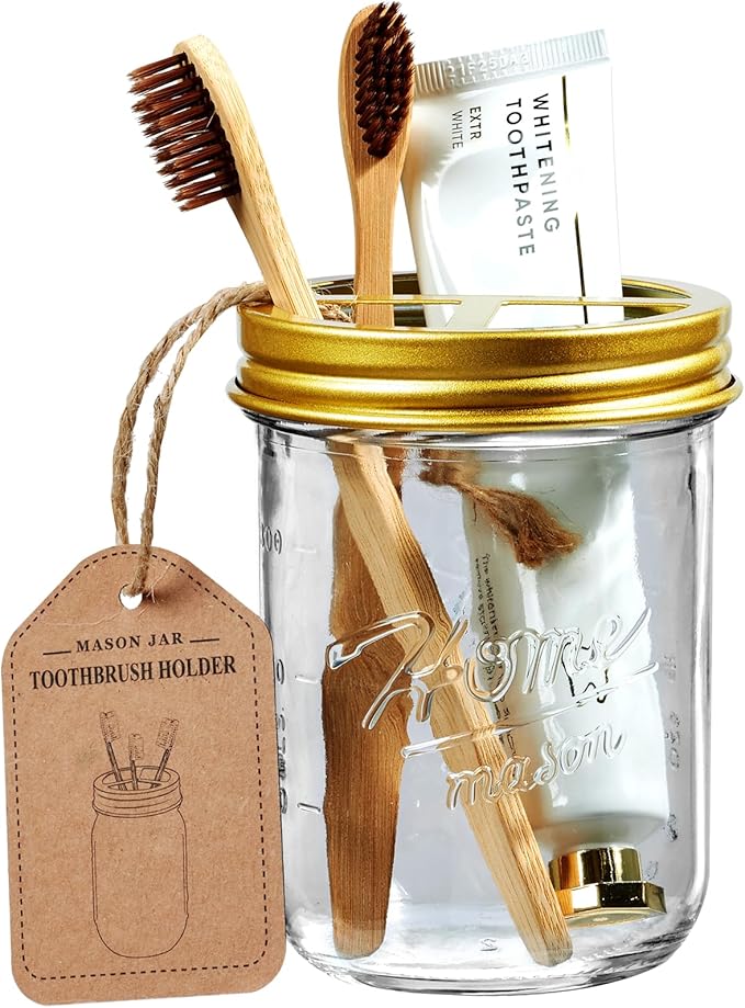 SheeChung Mason Jar Toothbrush Holders, Farmhouse Toothpaste Organizer, 1Pc | Gold Glass Electric Tooth Brush Holder for Bathroom Countertop, Removable Stainless Steel Lid, 3 Divider,Rustic Vintage Decor