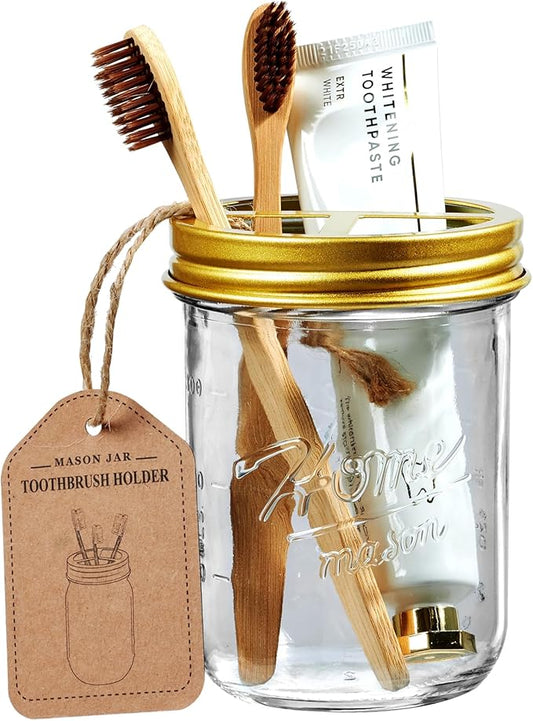 SheeChung Mason Jar Toothbrush Holders, Farmhouse Toothpaste Organizer, 1Pc | Gold Glass Electric Tooth Brush Holder for Bathroom Countertop, Removable Stainless Steel Lid, 3 Divider,Rustic Vintage Decor