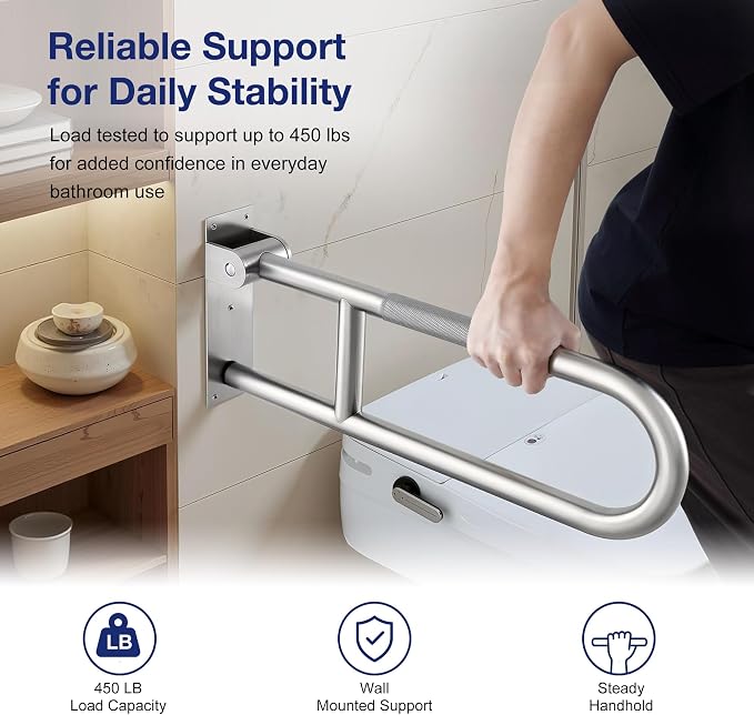 24 Inch Toilet Grab Bar-304 Stainless Steel Flip Up Handrail | Anti-slip grip| Brushed finish | Wall mount | Space saving fold up design | Template & hardware included