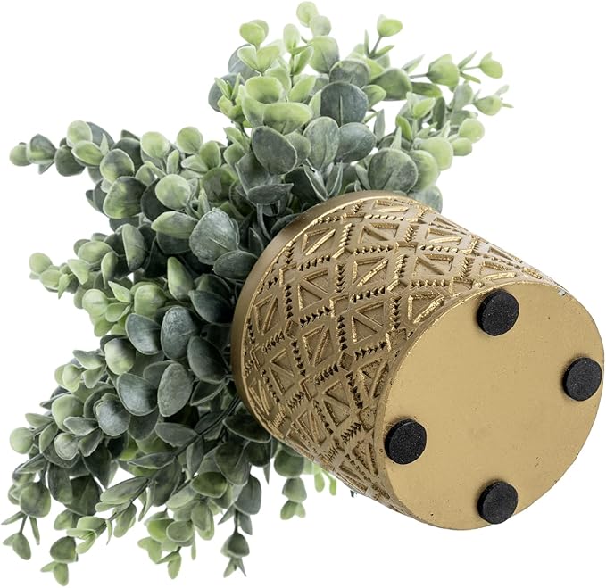 MyGift Artificial Eucalyptus Boxwood Plant Gold Concrete Geometric Pot | Modern Embossed Round Planter, Realistic Foliage, Indoor Botanical Accent for Desk, Shelf, Table & Entryway Décor