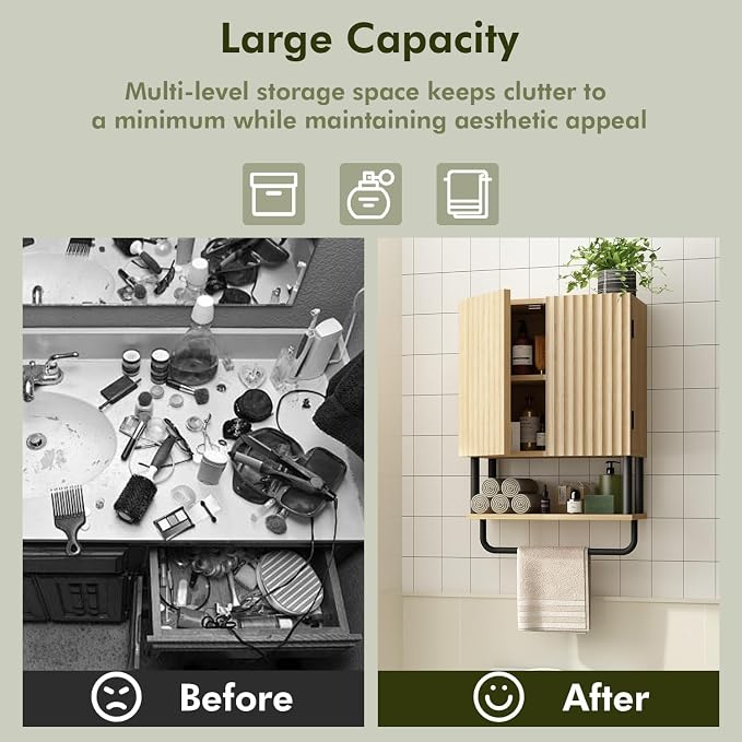 RUSTOWN Fluted Bathroom Wall Cabinet with 2 Doors, 3-Tier Medicine Cabinet | Modern Farmhouse Wall Mounted Cabinets, Over The Toilet Storage Cabinet, Adjustable Shelf and Towel Bar, Small
