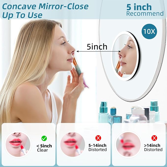 10X Magnifying Mirror with Lights, 10X Magnified Mirror with 3 Suction Cups | 3 Color Dimmable Lights, Rechargeable Makeup Magnifying Mirror 6inch Travel 10X Magnification Mirror with Tweezers & Scissors