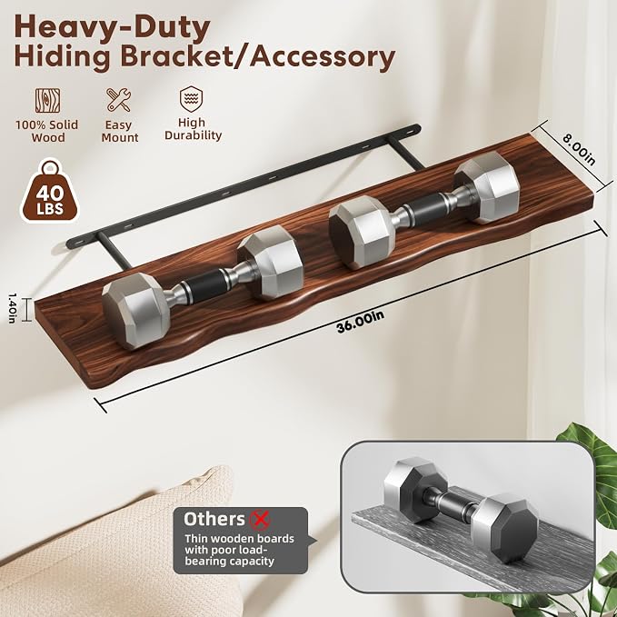 Medium Walnut Finish Floating Shelves with Hidden Bracket, Organic Wavy Edge Wall Shelves, Jointed Solid Pine Construction,Rustic Wall Decor for Living Room & Bathroom (Set of 2-36"