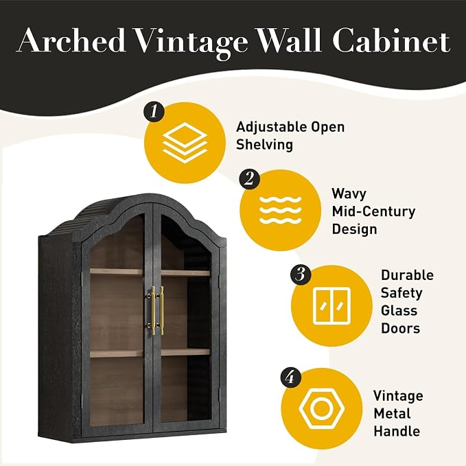 Arched Wall Cabinet Above Toilet Cabinet, 31.5×23.6 Inch Wall Mounted Cabinets with Tempered Glass Doors & Adjustable Shelves, Wood Organizer for Laundry Room, Kitchen, Bathroom (Black)