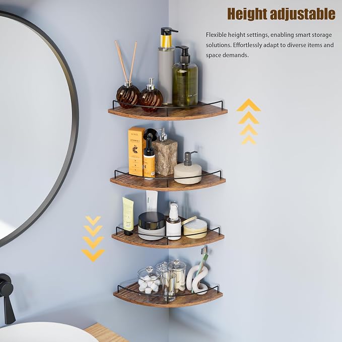 Corner Shelf Wall Mount, Floating Corner Shelves, Set of 4 Corner Wall Shelf Organizer,Rustic Wood Wall Storage Display Shelves forLiving Room Bedroom Bathroom Kitchen