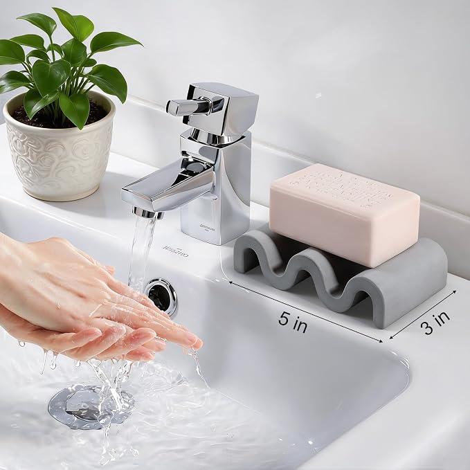 Diatomite Soap Dish Bar Soap Holder Wave Texture Sponge Tray, Dark Grey | Quick Drying, Self Draining Design Helps Keep Bar Soap Dry for Bathroom Sink, Shower & Kitchen