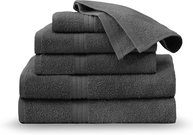 Martex Easy Living Everyday 6-Piece Bathroom Towel Set, Charcoal | 2 Bath Towels, 2 Hand Towels, 2 Wash Cloths, 100% Cotton, Soft, Quick-Dry