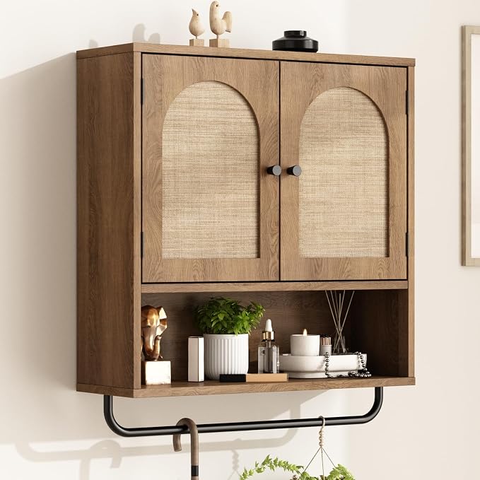 RUSTOWN Rattan Bathroom Wall Cabinet, Boho Medicine Cabinet with 2 Doors | Arched Doors, Farmhouse Over The Toilet Storage Cabinets, Adjustable Shelves, Towel Bar, 3-Tier Wall Mounted Cabinets