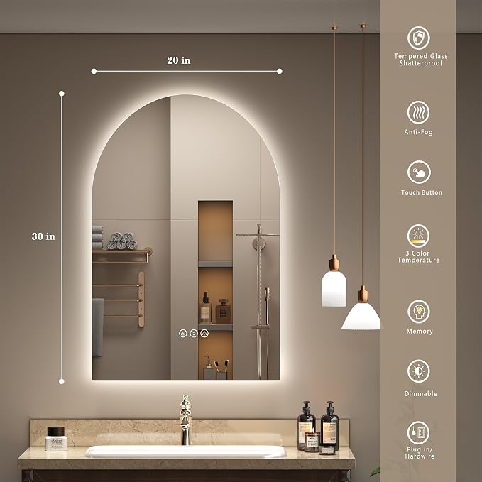 20x30 Inch Backlit Arched LED Bathroom Mirror | Dimmable, LED Lighted Bathroom Vanity Mirror, Anti-Fog, 3 Colors, Memory, Shatter-Proof, ETL Listed