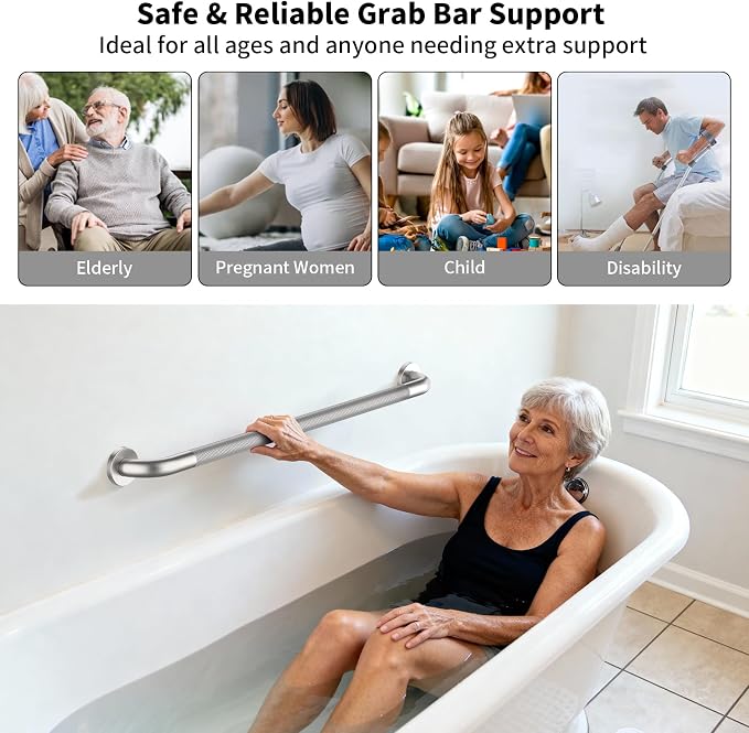 ZUEXT 32 Inch Brushed Nickel Anti Slip Shower Grab Bar with Knurled Grip | Bathroom Balance Support Rail, Assist Handle for Handicap Seniors, Wall Mount Stainless Steel Bath Safety Handrail, 1.25" Dia