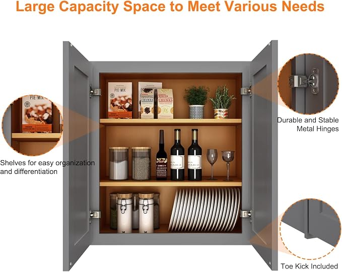 ROOMTEC Wood Wall-Mounted Cabinet,Bathroom Medicine Cabinet with Adjustable Shelves and 2 Soft-Close Doors,Laundry Storage Cabinet for Bathroom,Kitchen,Living Room 12" D*33" W*30" H,Shaker Grey