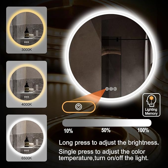 S·BAGNO 40’’ Round Led Bathroom Mirror with Lights, Bluetooth Speaker | Anti-Fog, Dimmable, 3-Color Light, Memory Function, Tempered Glass, IP54 Waterproof Rating, Wall-Mounted Round Led Mirror
