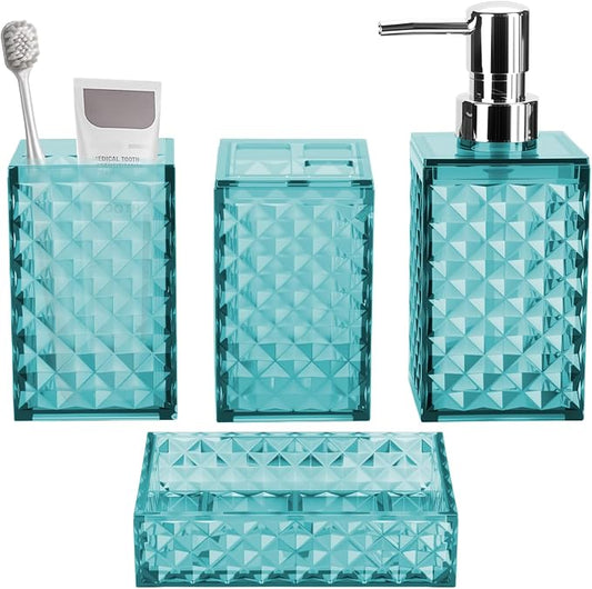 Bathroom Accessory Set, Grid Pattern 4 Pcs Plastic Bathroom Set, Teal Blue | Include Soap Dispenser, Soap Dish, Toothbrush Holder, Mouthwash Cup, Modern Bathroom Decor Set