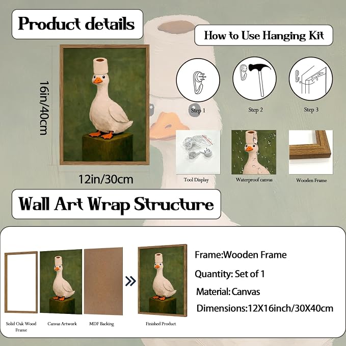 Funny Duck Bathroom Wall Art Cute Goose Toilet Paper Wall Decor Picture Vintage Animal Restroom Poster Canvas Painting Print 12x16 inch Wood Framed