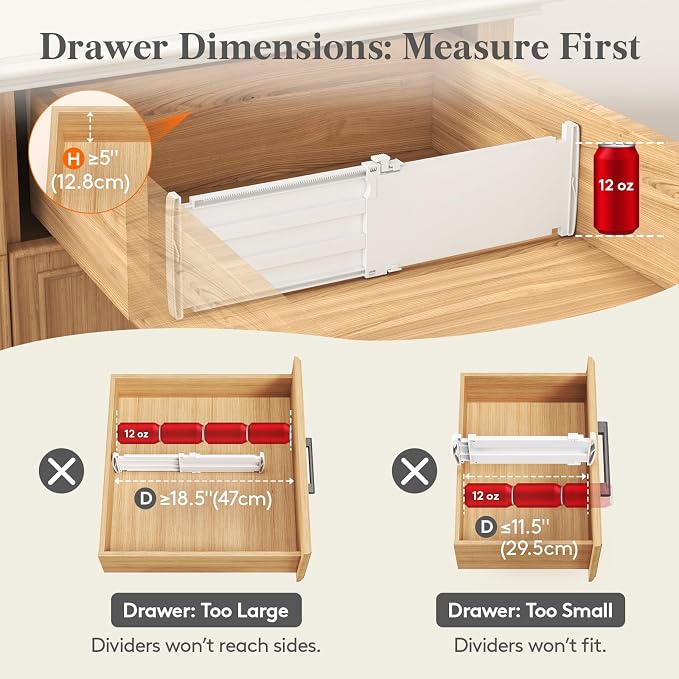 Lifewit 5" Tall Drawer Dividers, Adjustable Deep Drawer Organizer Clothes | 5 Pack 11.5"-18.5" Expandable White Plastic Separators for Dresser, Kitchen, Cabinet, Closet, Office Organization & Storage