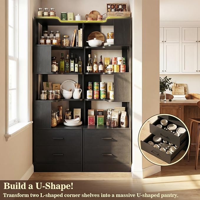 Corner Book Shelf with Drawers, Small Corner Shelf with Drawers | L Shaped BookShelf 6-tier Bookcase for Bedroom Storage, Living Room, Home Office, Kitchen Pantry, Black