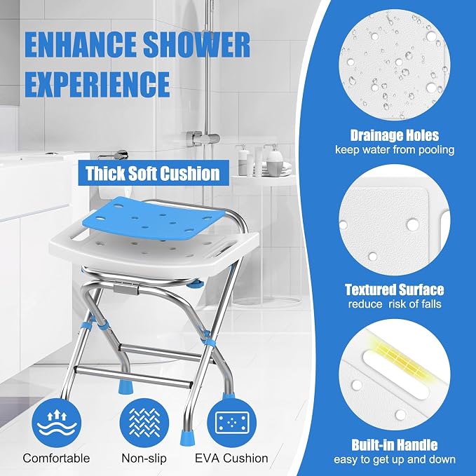 Height Adjustable Folding Shower Chair Seat, Stainless Steel Shower Chair for Inside Shower w/Crossbar, 420LB Portable Travel Shower Stool, Safety Anti-Slip Bath Chair for Seniors,White