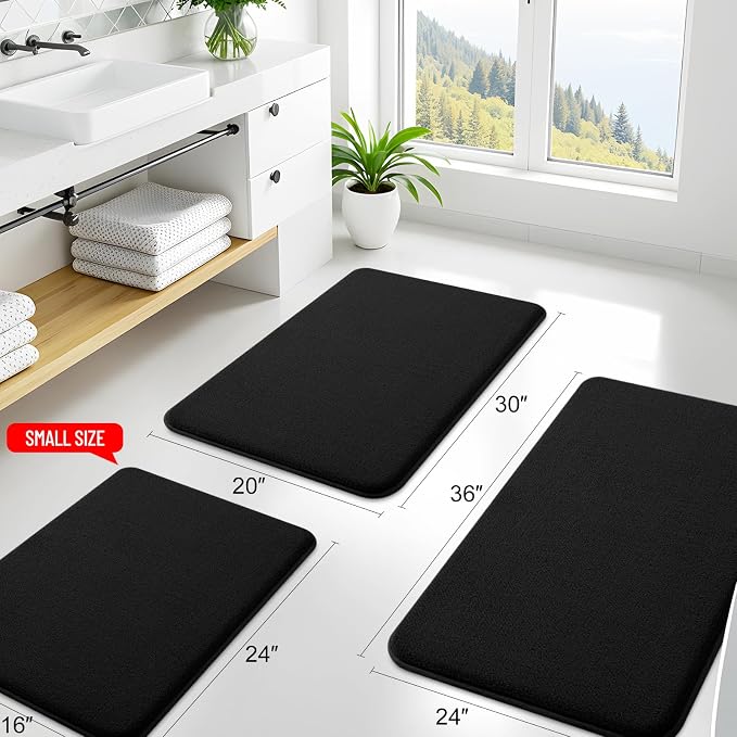 Smiry Memory Foam Bath Mat 36x24, Extra Soft Absorbent Bathroom Rugs | Black Quick Dry, Machine Washable Bath Mats for Bathroom, Shower, Tub and Home Decor Accessories