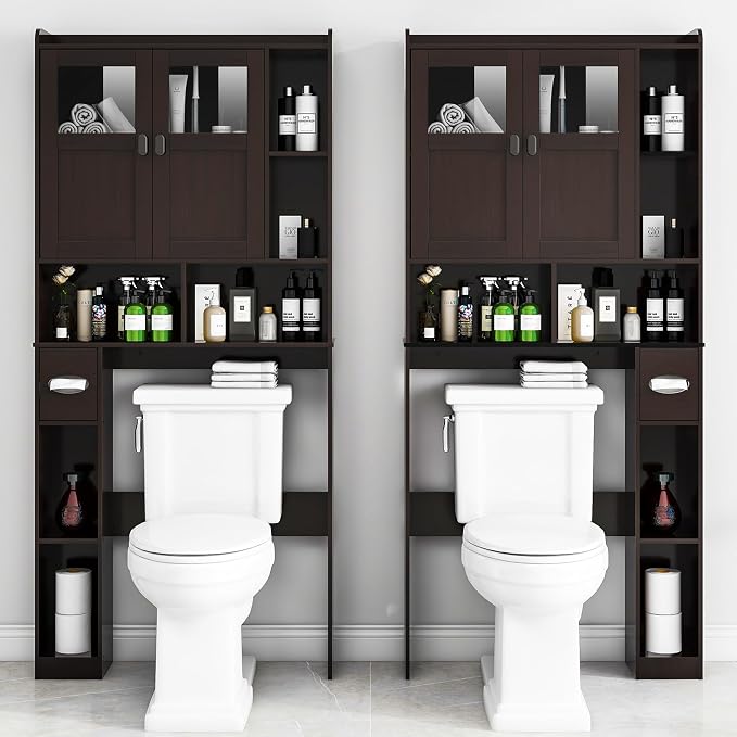 Vabches Over The Toilet Storage Cabinet with Doors and Shelves, Espresso | Freestanding Home Space Save Toilet Rack, with Adjustable Shelves for Restroom, Bathroom, Laundry
