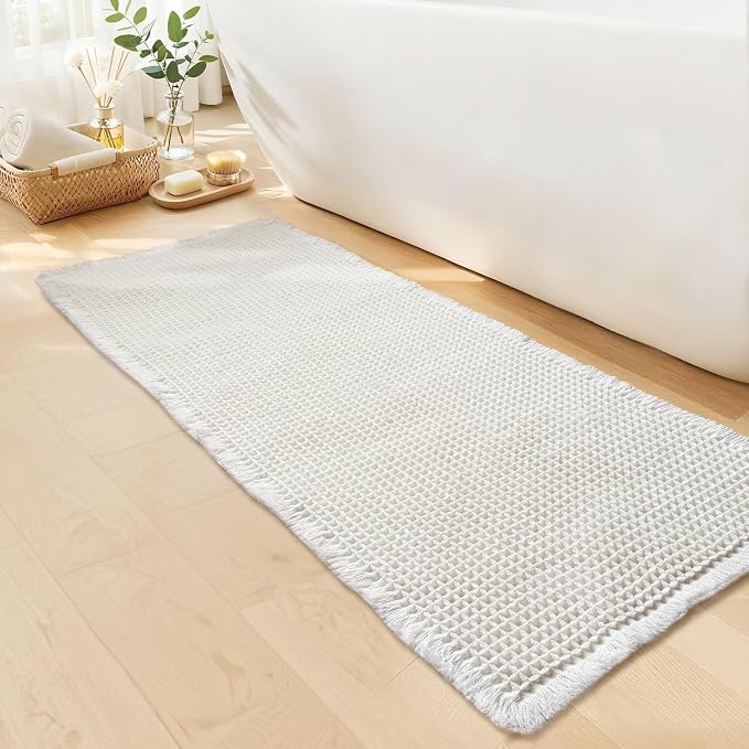 Long White Bathroom Rug, Waffle Bath Mat Runner Non Slip, 24 x 72 | Super Absorbent, Quick Dry Bath Runner, Soft Washable Waffle Weave, Boho Farmhouse Bathroom Decor in White for Sink or Tub